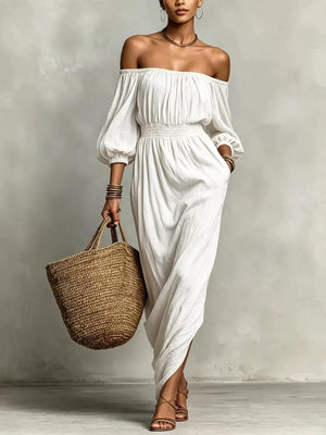 White maxi dress with smocked and bishop sleeve