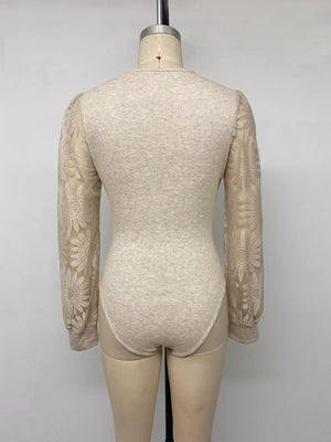 V-neck Lace Trim Floral Mesh Sleeve Bodysuit in Apricot with lace