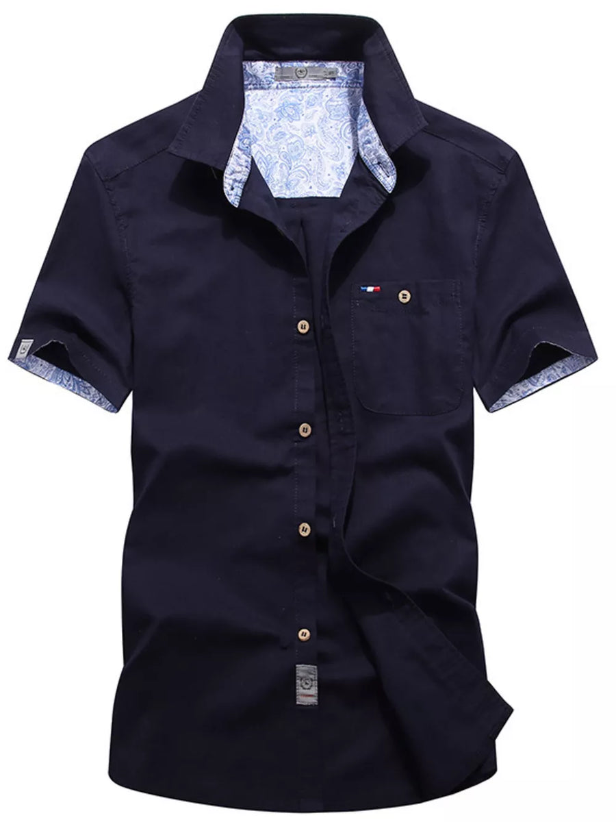 Dark Navy Men's Full Size Button Up Short-sleeve Casual Shirt