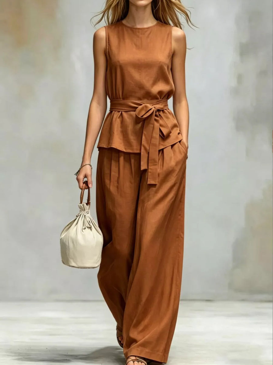 two-piece set in rust featuring pocketed and relaxed fit