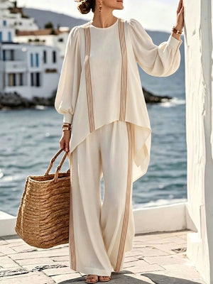 ivory lounge set with striped and round neck