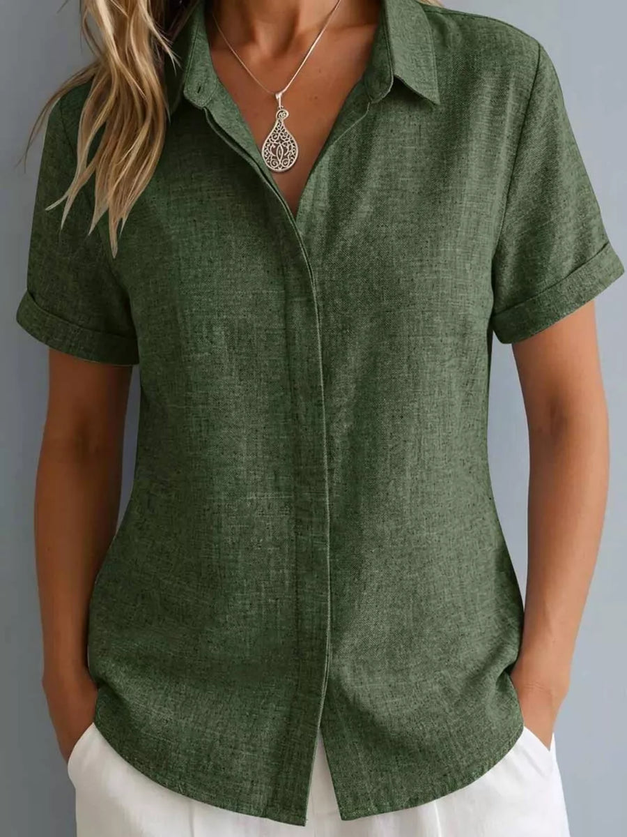 Full Size Collared Short Sleeve Shirt Plus Size in Lotus Color, view 15