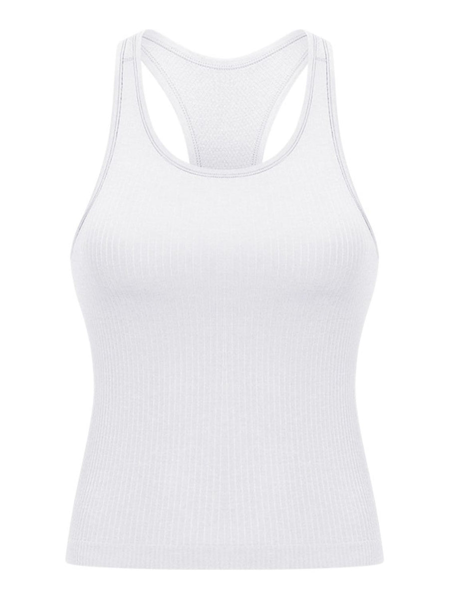 White ribbed racerback performance tank top with a textured inner bra.