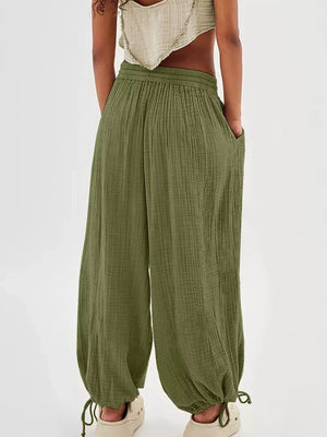 wide-leg pants in Taupe with drawstring waist and full-length