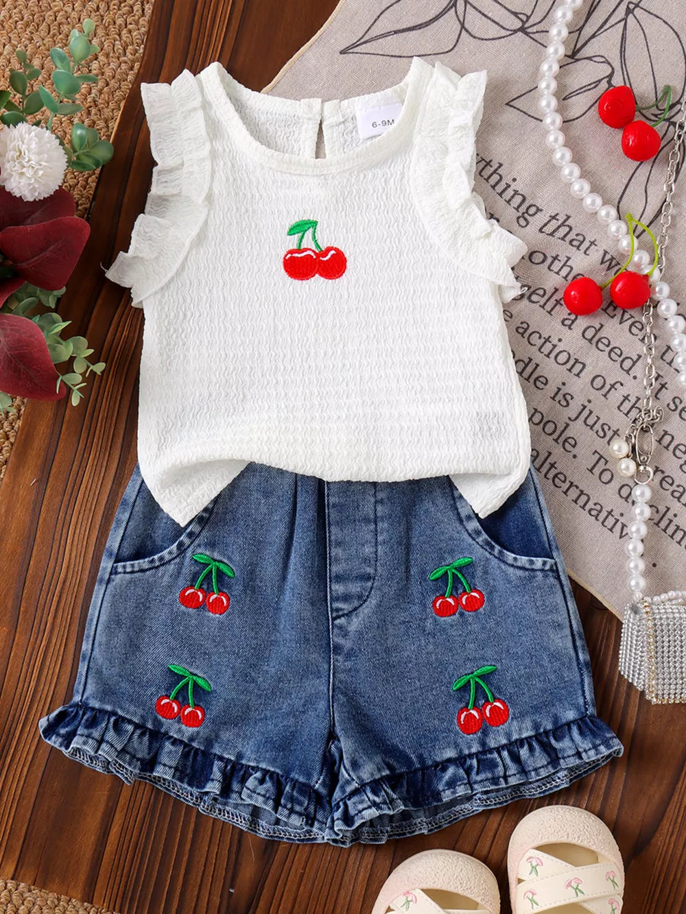 White Children's Cherry Embroidered Top And Denim Shorts Set
