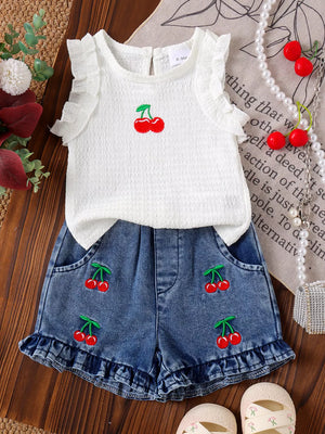 White Children's Cherry Embroidered Top And Denim Shorts Set