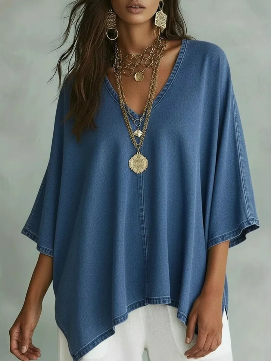 White V-neck Batwing Sleeve T-shirt