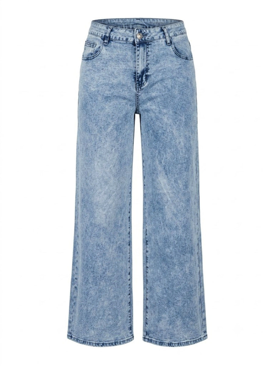Washed Wide Leg Jeans With Embroidered Bow in light blue with pocketed
