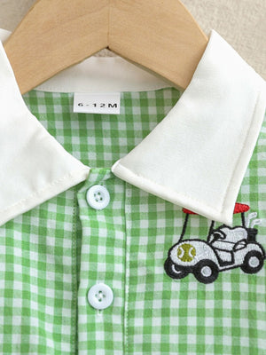 Gingham baby dress in Gum Leaf green with white collar and golf cart embroidery.