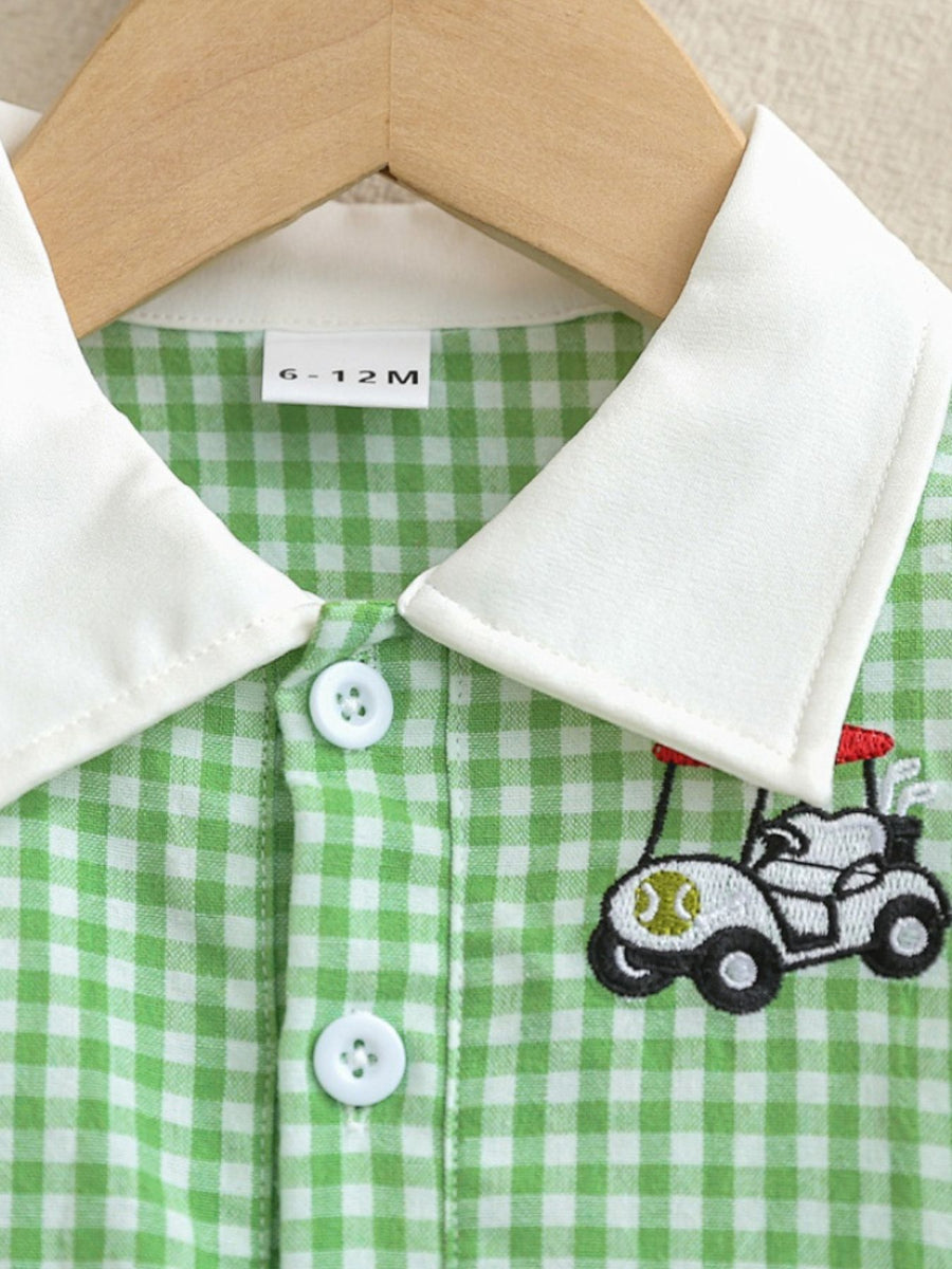 Gingham baby dress in Gum Leaf green with white collar and golf cart embroidery.