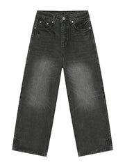 Dark wash wide leg denim jeans with a vintage faded look.