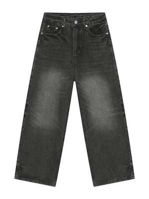 Dark wash wide leg denim jeans with a vintage faded look.
