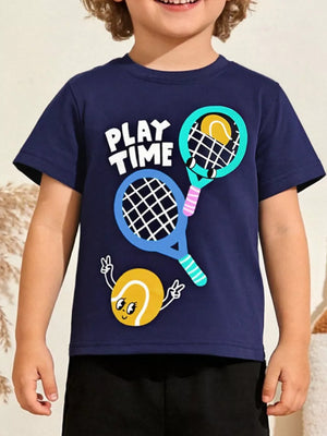 Navy cotton t-shirt with playful tennis graphic and "Play Time" text