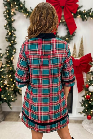 Plaid Velvet Trim Short Shift Dress option 7