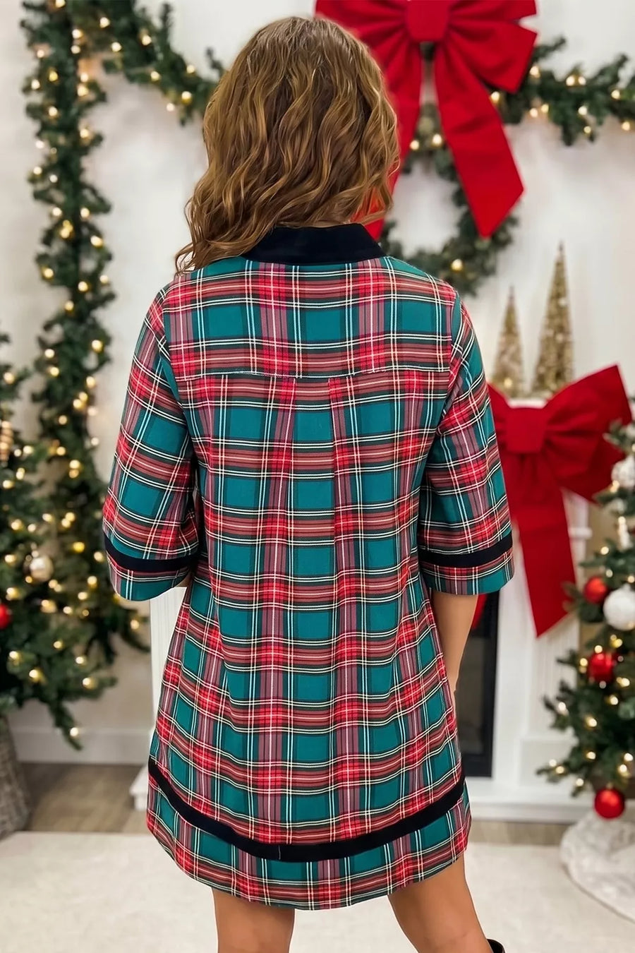 Plaid Velvet Trim Short Shift Dress option 7