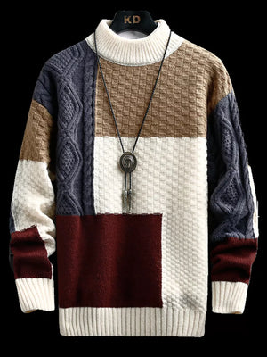 Men's multi-textured cable-knit pullover with color block design in navy, brown, cream, and burgundy.