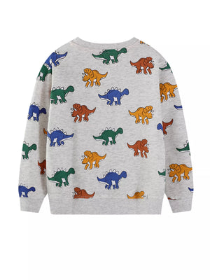 Light gray crew neck sweatshirt with allover colorful dinosaur print