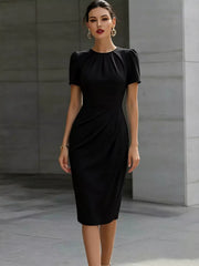 Black midi dress with ruched waist and pleated asymmetrical skirt
