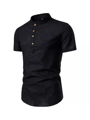 Black cotton short sleeve men's shirt with mandarin collar and button placket, curved hem