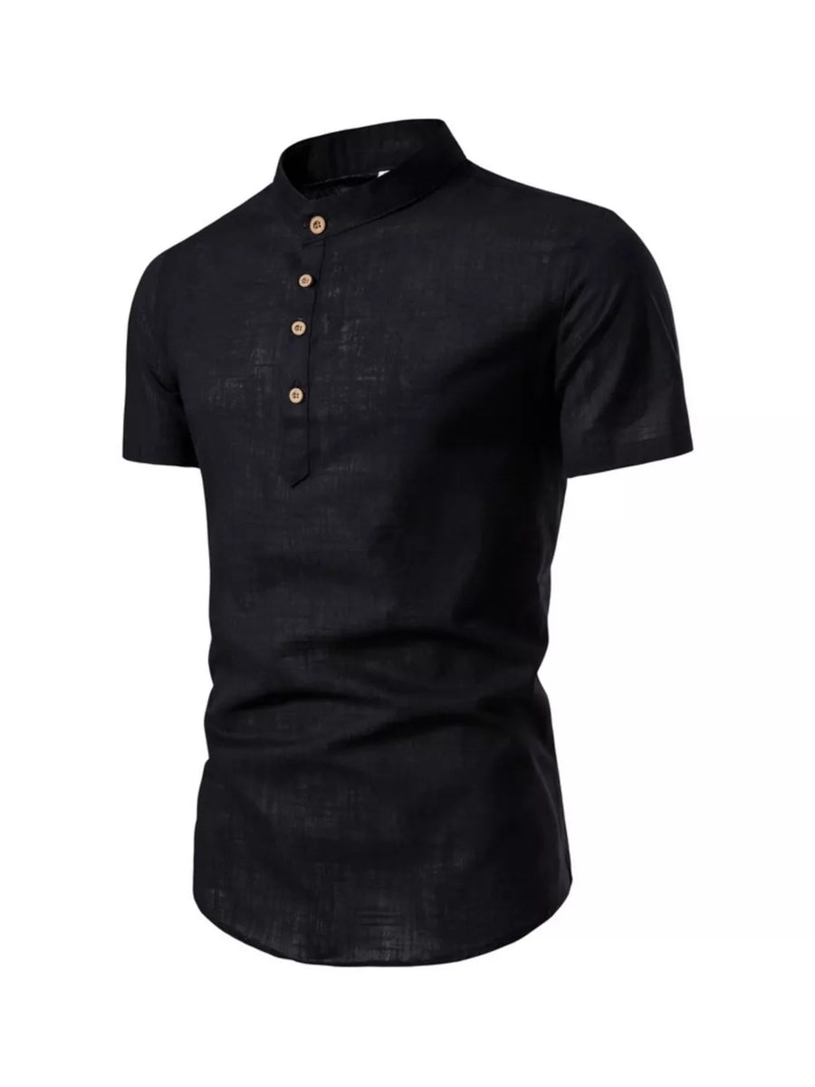 Black cotton short sleeve men's shirt with mandarin collar and button placket, curved hem