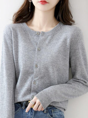 Button-Down Crew-Neck Ribbed Long-Sleeve Top in ivory with buttoned