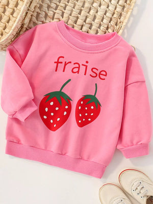 Hot pink cotton sweatshirt with strawberry graphic and "fraise" text.