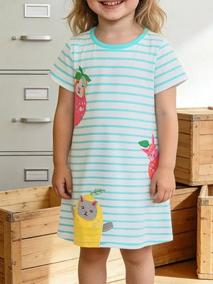 Baby girls' striped cotton dress with animal appliques and turquoise trim