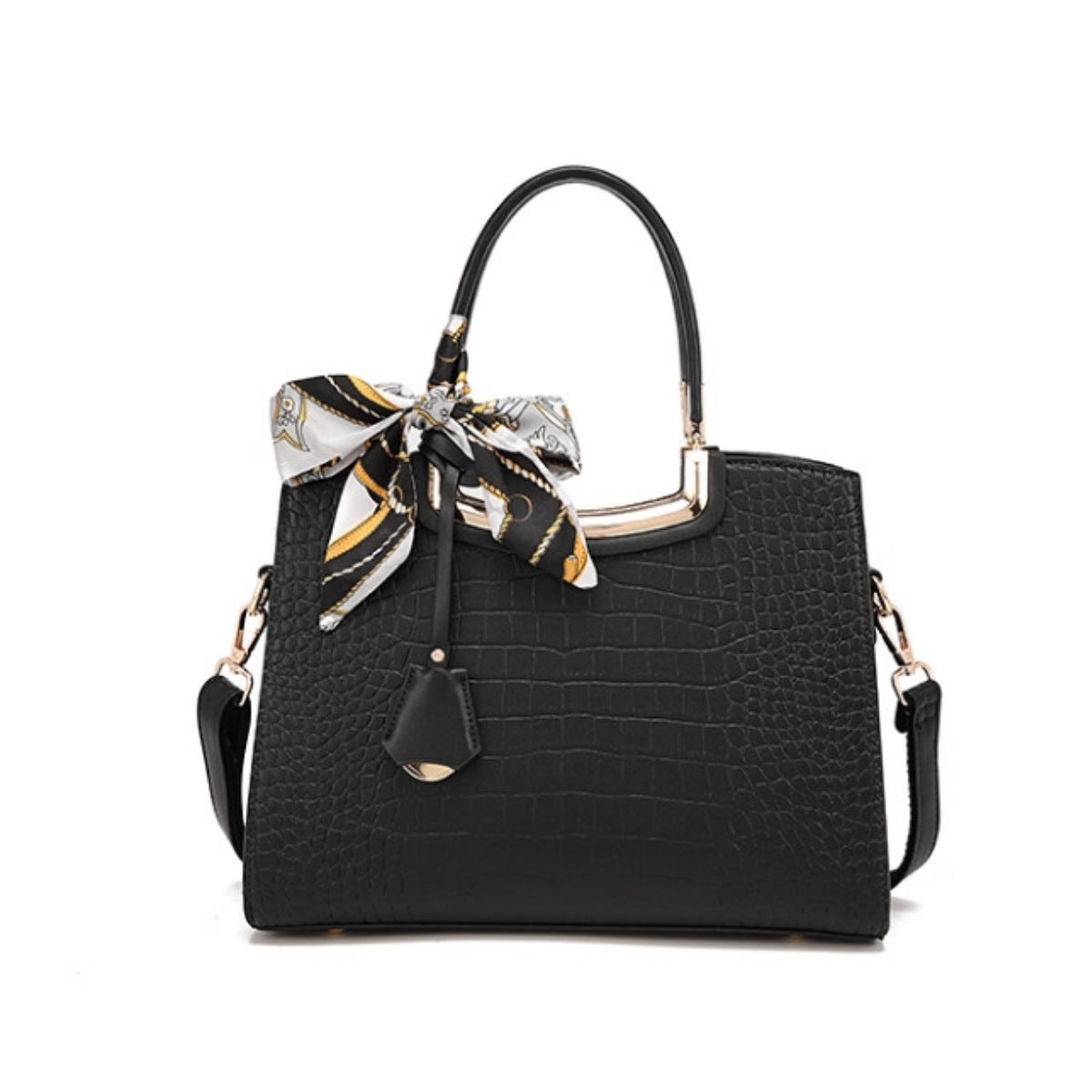 Black crocodile-embossed tote with decorative scarf and detachable strap