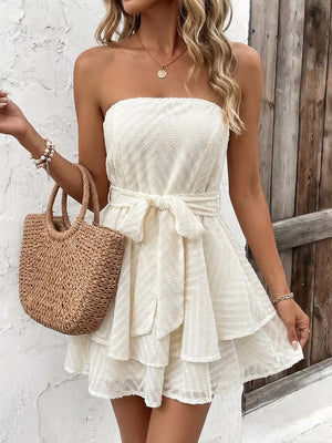 Ivory ruffle textured tube mini dress with tiered skirt and tie waist