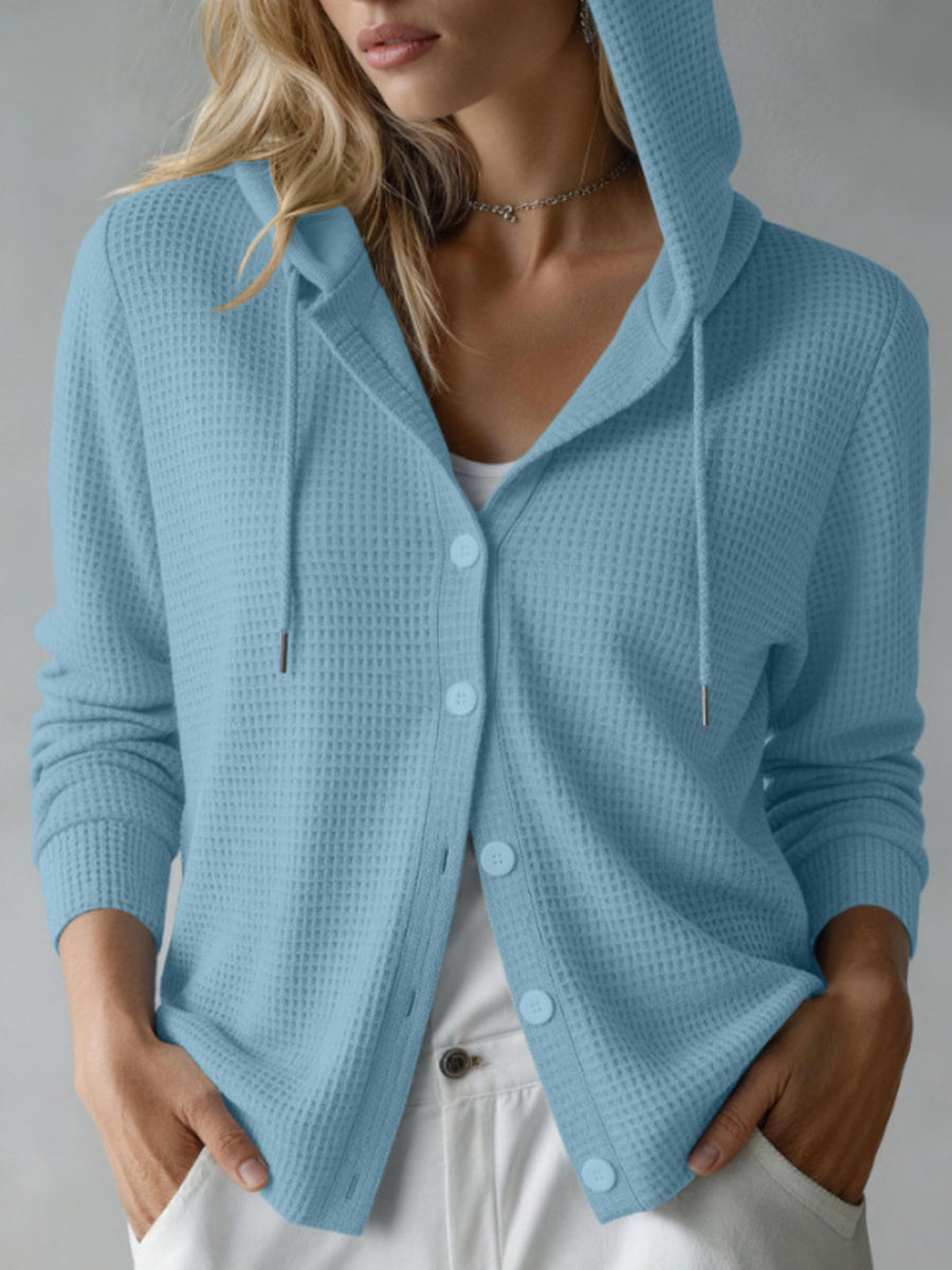 sky blue cardigan with waffle knit and hooded