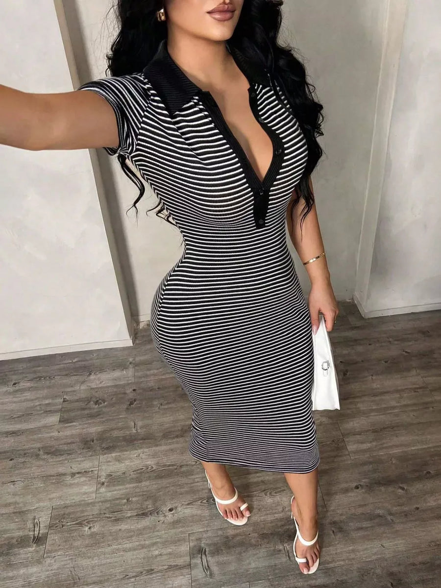 Black and white striped polo midi dress with button detail and short sleeves.