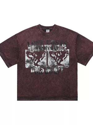 Burgundy graphic t-shirt, relaxed fit, crew neck, cotton, with abstract distressed print.