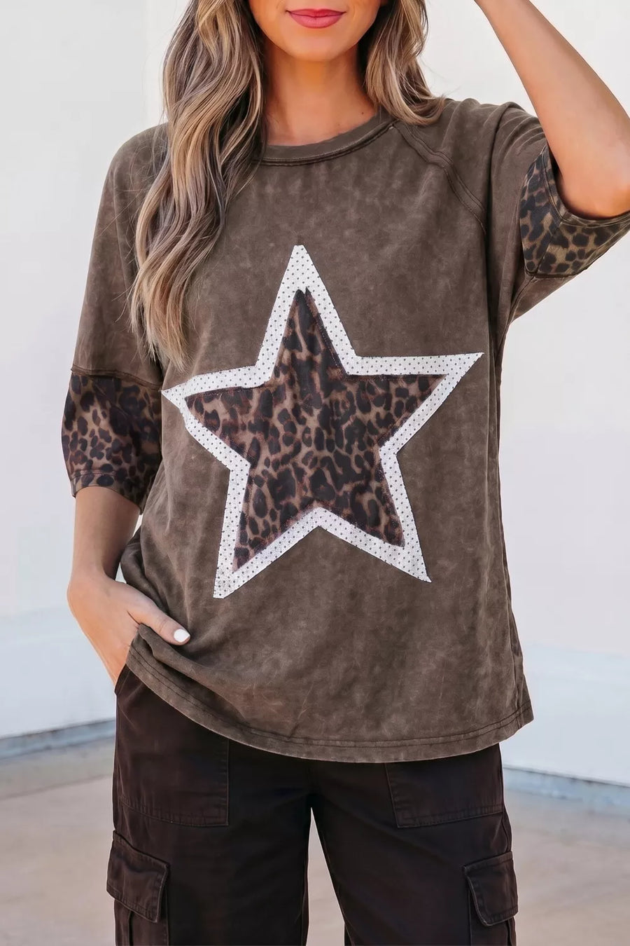 Brown mineral wash t-shirt with leopard print star detail and contrast sleeves
