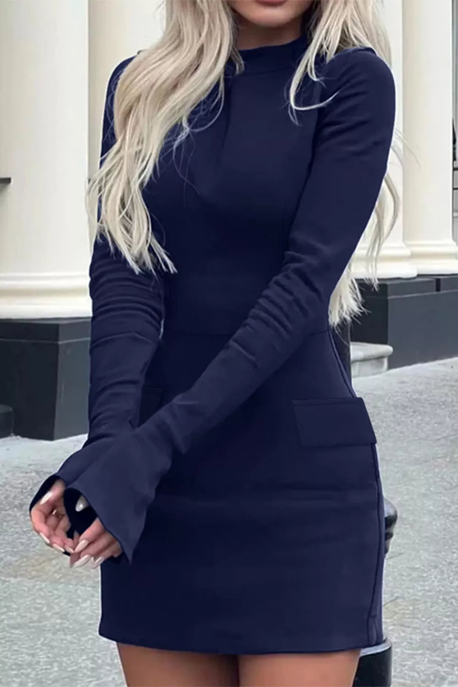 White with Long-sleeve Mini Dress With Flap Pockets