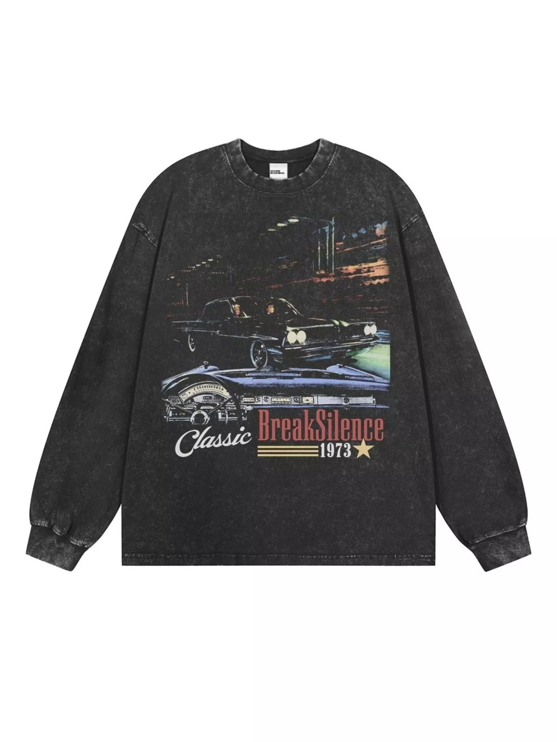 Oversized dark gray long-sleeve t-shirt with a vintage car graphic and text.
