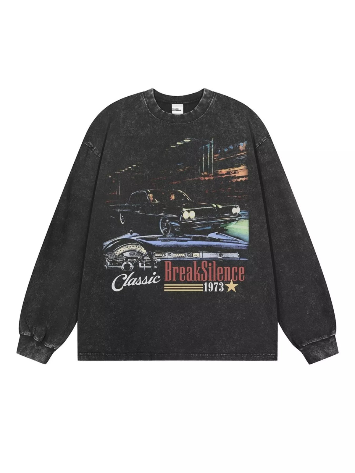 Oversized dark gray long-sleeve t-shirt with a vintage car graphic and text.