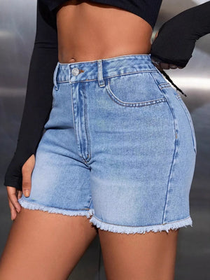 Blue with Button-down Denim High-waisted Frayed Hem Denim Shorts