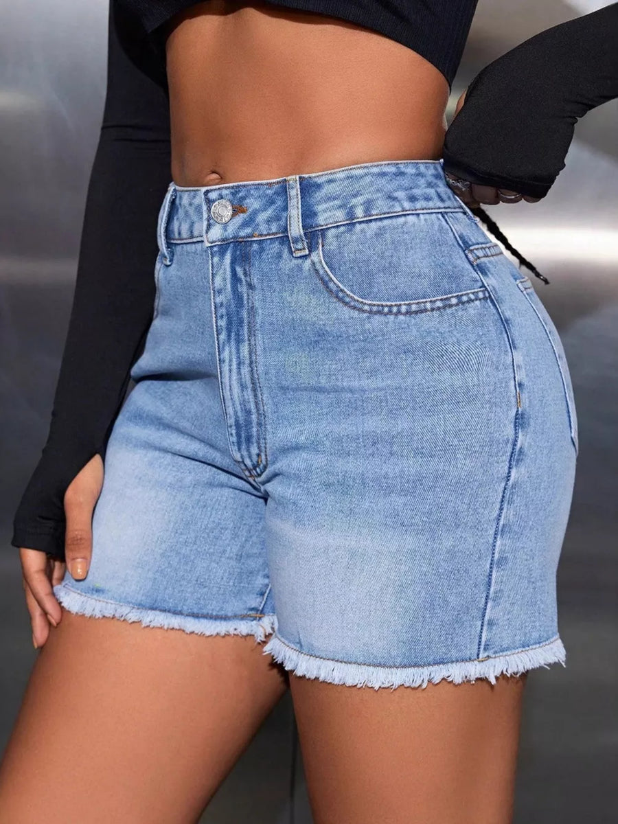 Blue with Button-down Denim High-waisted Frayed Hem Denim Shorts