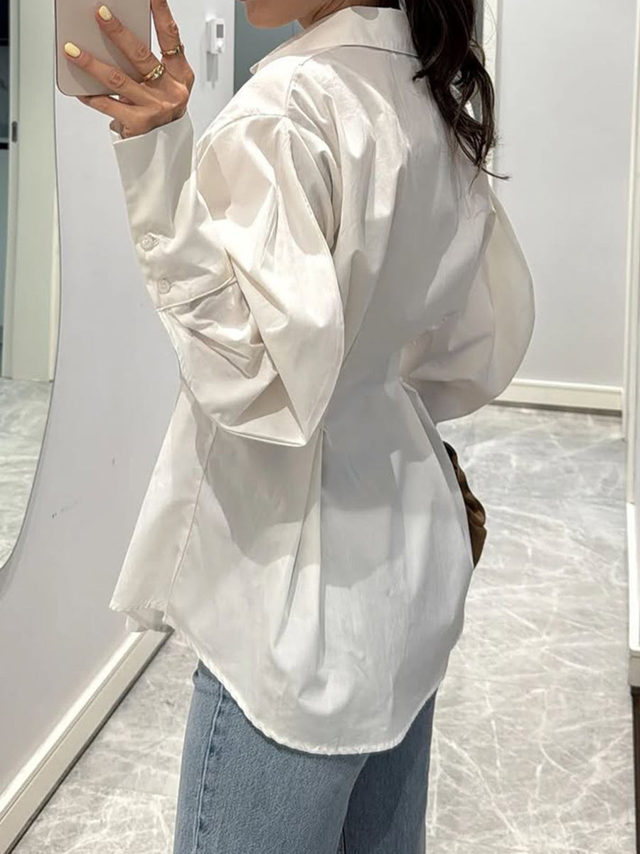 white button-down shirt with hip-length and button-front