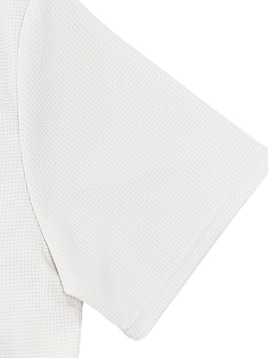 White cotton t-shirt with waffle texture and short sleeves.