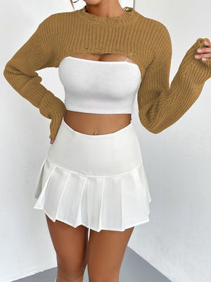 Tan distressed knit bolero crop top with long sleeves and a cutout neckline.