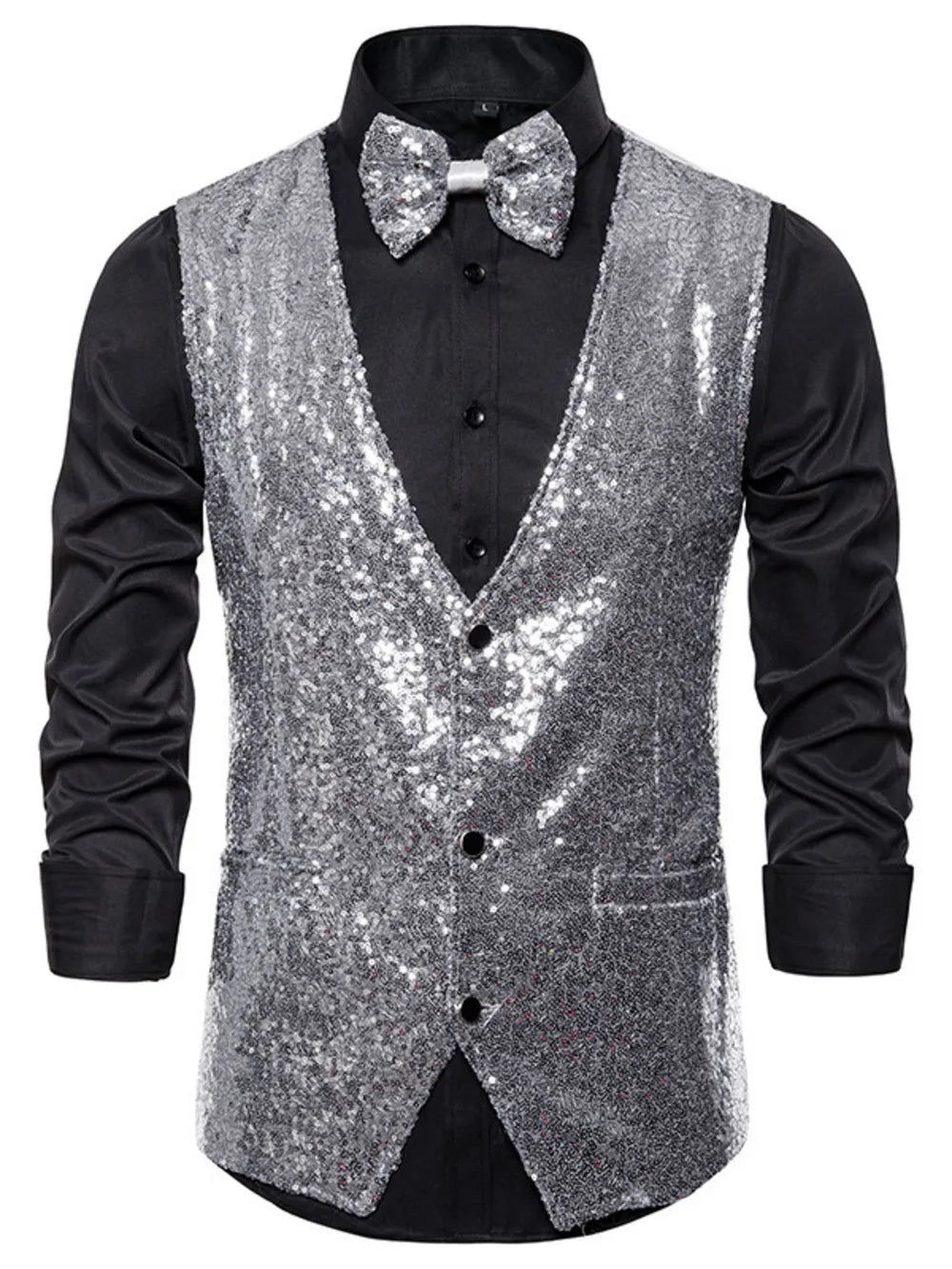 Silver sequin slim-fit men's vest with button front and bow tie.