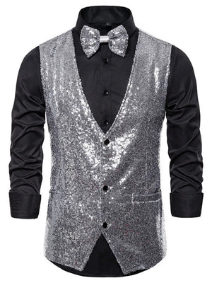 Silver sequin slim-fit men's vest with button front and bow tie.