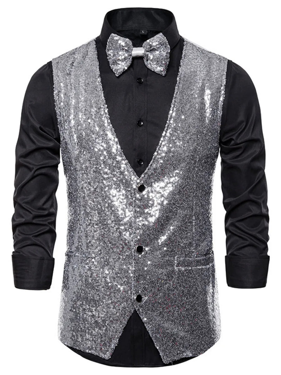 Silver sequin slim-fit men's vest with button front and bow tie.