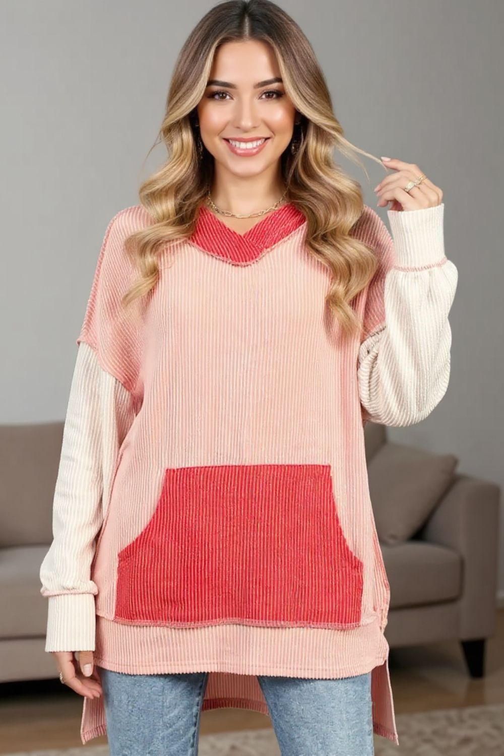 Pink and cream ribbed v-neck hoodie with contrast pocket and long sleeves