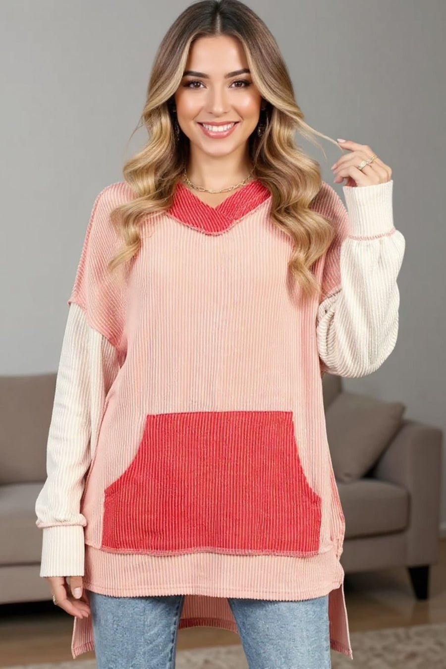 Pink and cream ribbed v-neck hoodie with contrast pocket and long sleeves