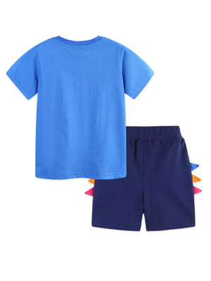 Baby boys blue cotton tee and navy shorts set with colorful dinosaur spikes.