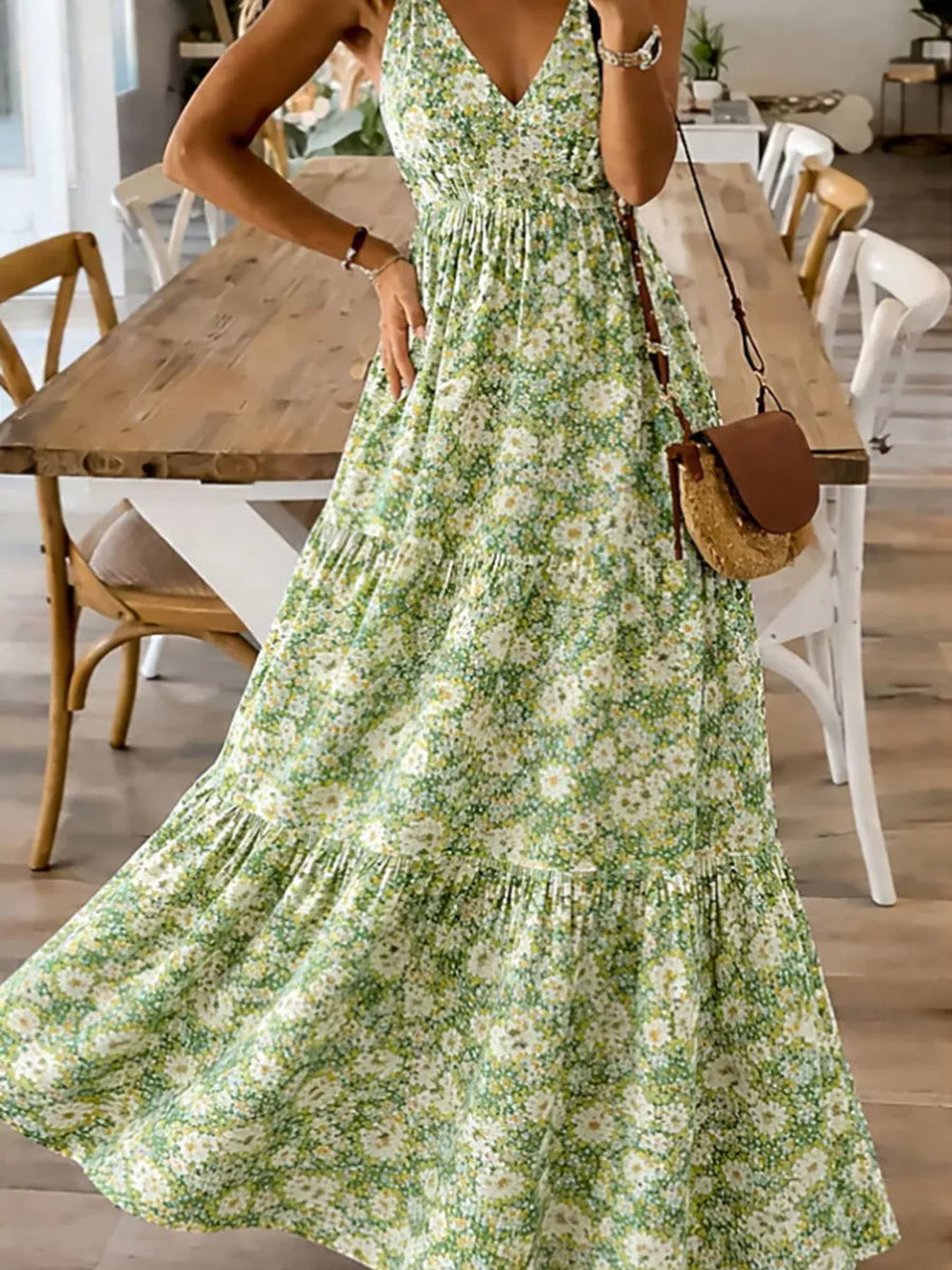 Floral tiered maxi dress with spaghetti straps in Yellow-Green, featuring a v-neck and flowy skirt.