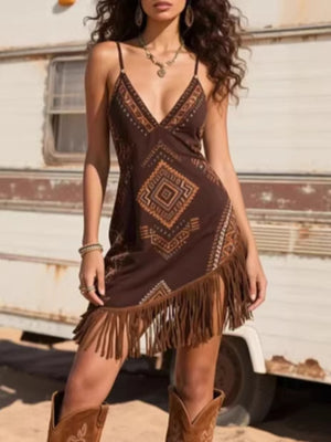 Brown mini dress with Southwestern geometric print and fringe hem.