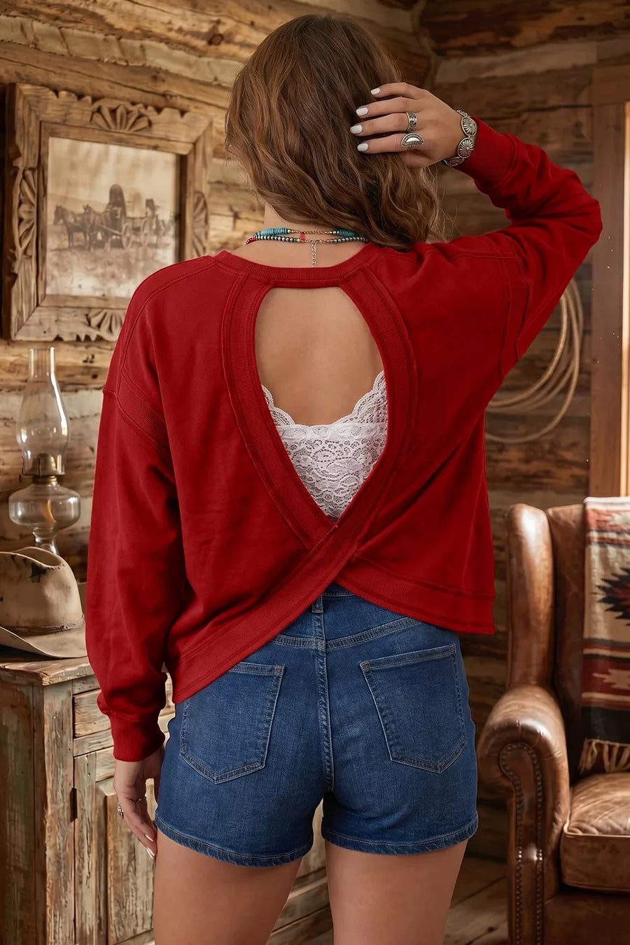 Ribbed Drop Shoulder Cutout Back Sweatshirt option 5